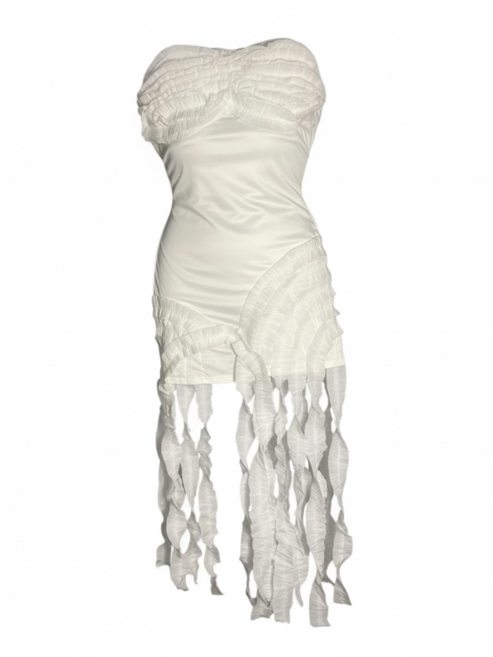 Strapless White Fringe Mini Dress, Wedding Bachelorette Engagement Bridal New
